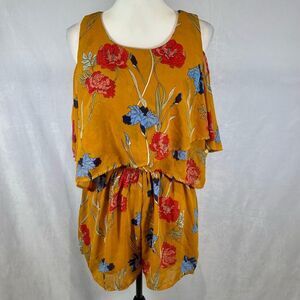 Japna mustard yellow off shoulder floral romper size large